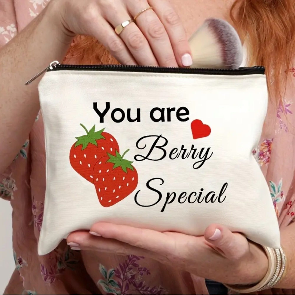 Strawberry Cosmetic Bag Canvas Pouch Red White Travel